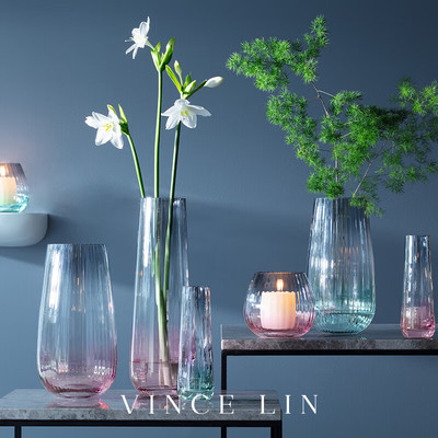 英国LSA DUSK 手工水晶玻璃花瓶 渐变色粉色花器客厅简约轻奢摆件