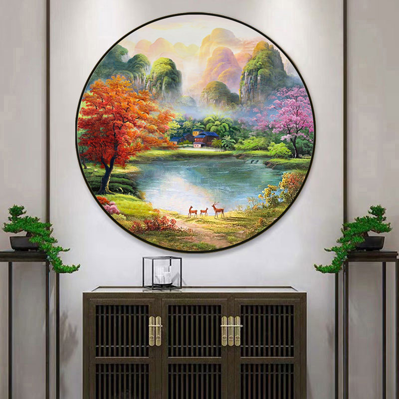 手绘油画风景画桂林山水玄关装饰画餐厅挂画圆形简约轻奢壁画定制