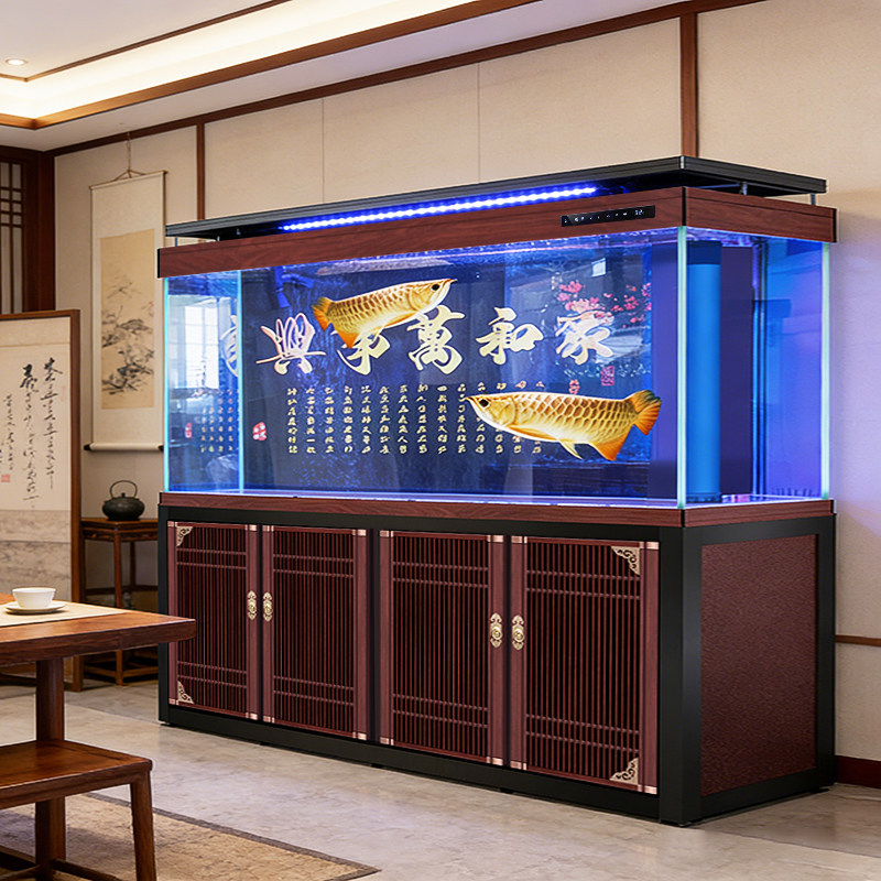 欧宝复古木纹超白龙鱼缸中式隔断柜屏风客厅水族箱落地缸家用大型