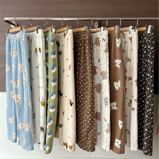 成人大童冬季雪粒绒加厚保暖松紧腰可爱宽松睡裤居家裤子可外穿