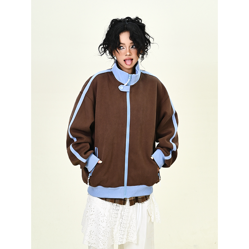 怕麻烦咖色拉链立领夹克