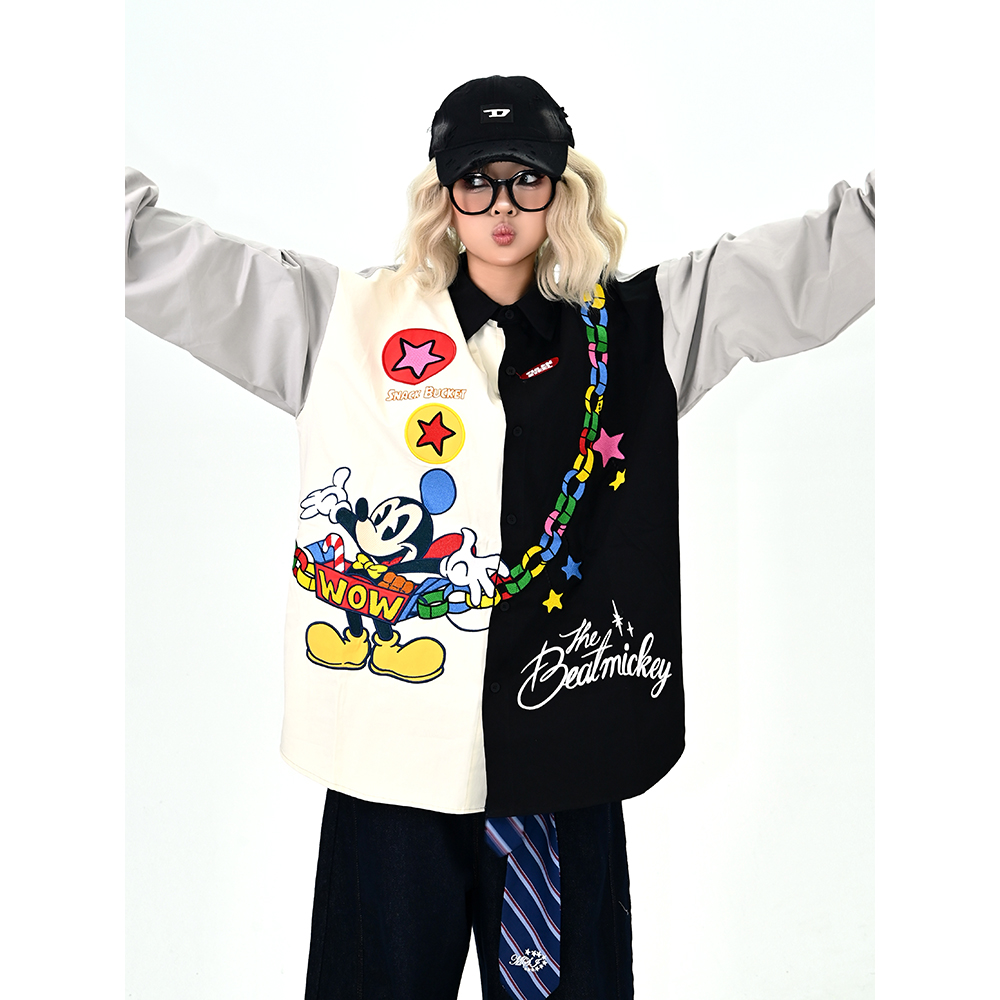 怕麻烦灰黑卡通拼接长袖衬衫女2025秋季新款宽松bf日系街头上衣潮