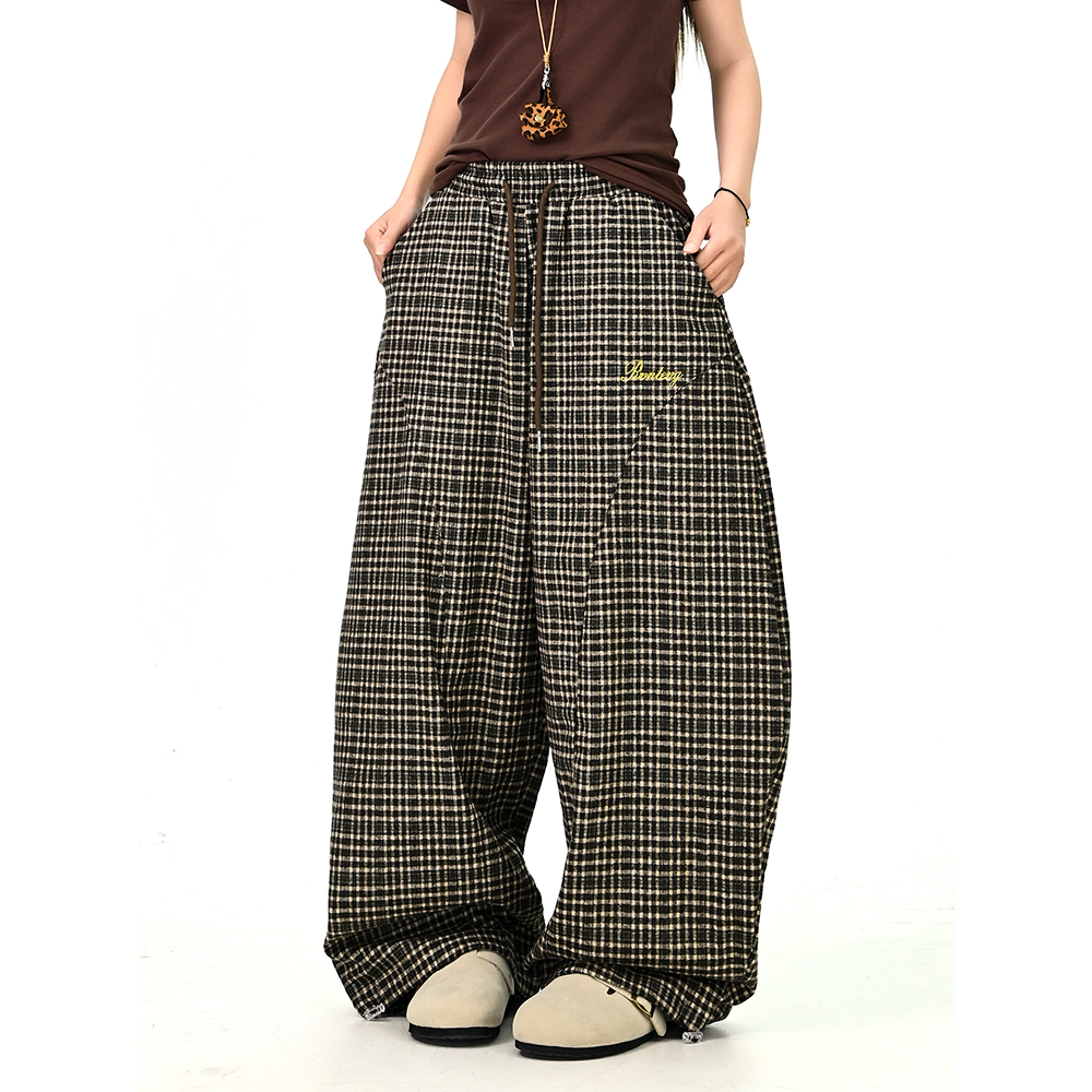 怕麻烦卡其色格纹休闲裤女2025秋季新款宽松bf美式复古拖地阔腿裤