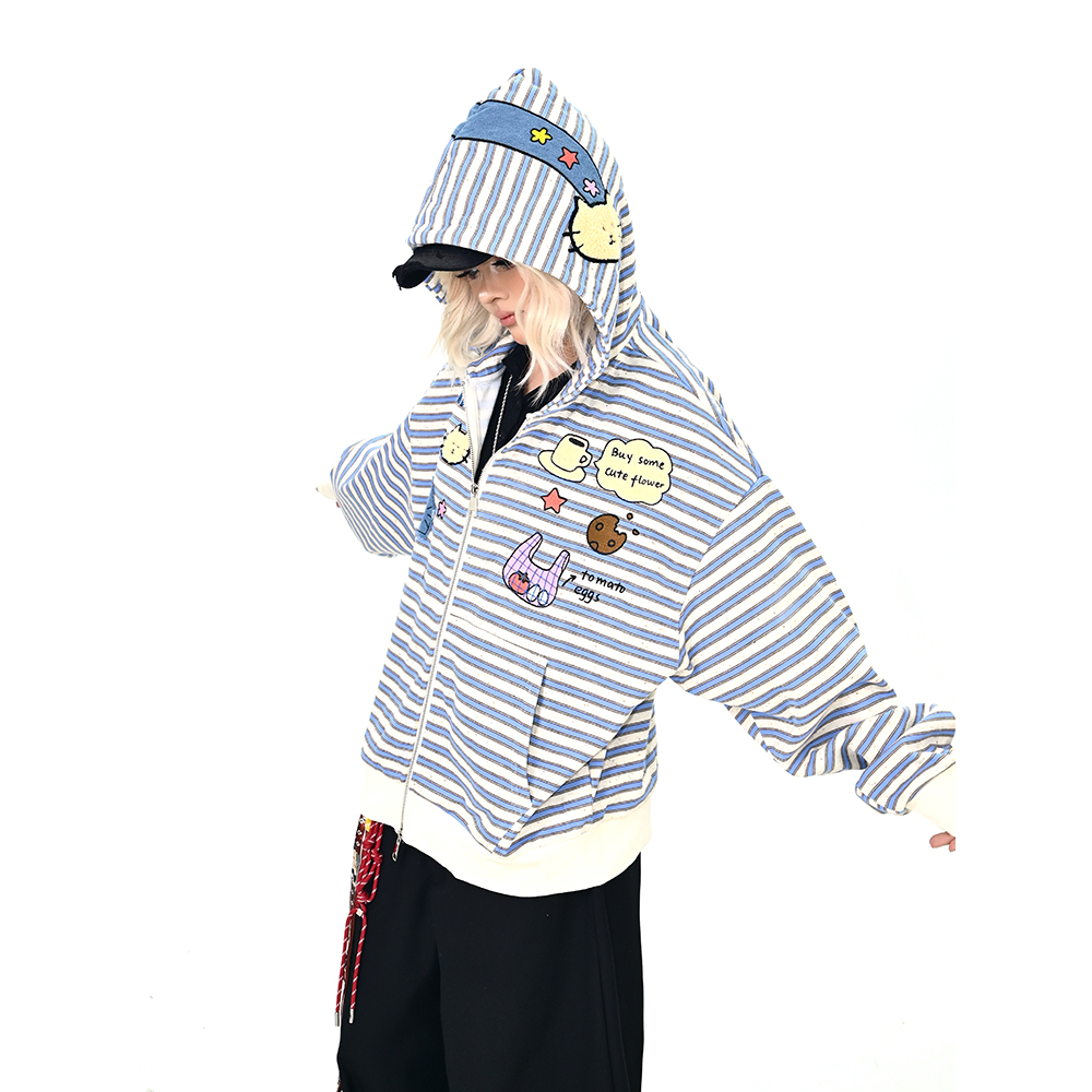 怕麻烦蓝色条纹卡通连帽卫衣开衫女2025秋新款宽松bf韩系慵懒外套