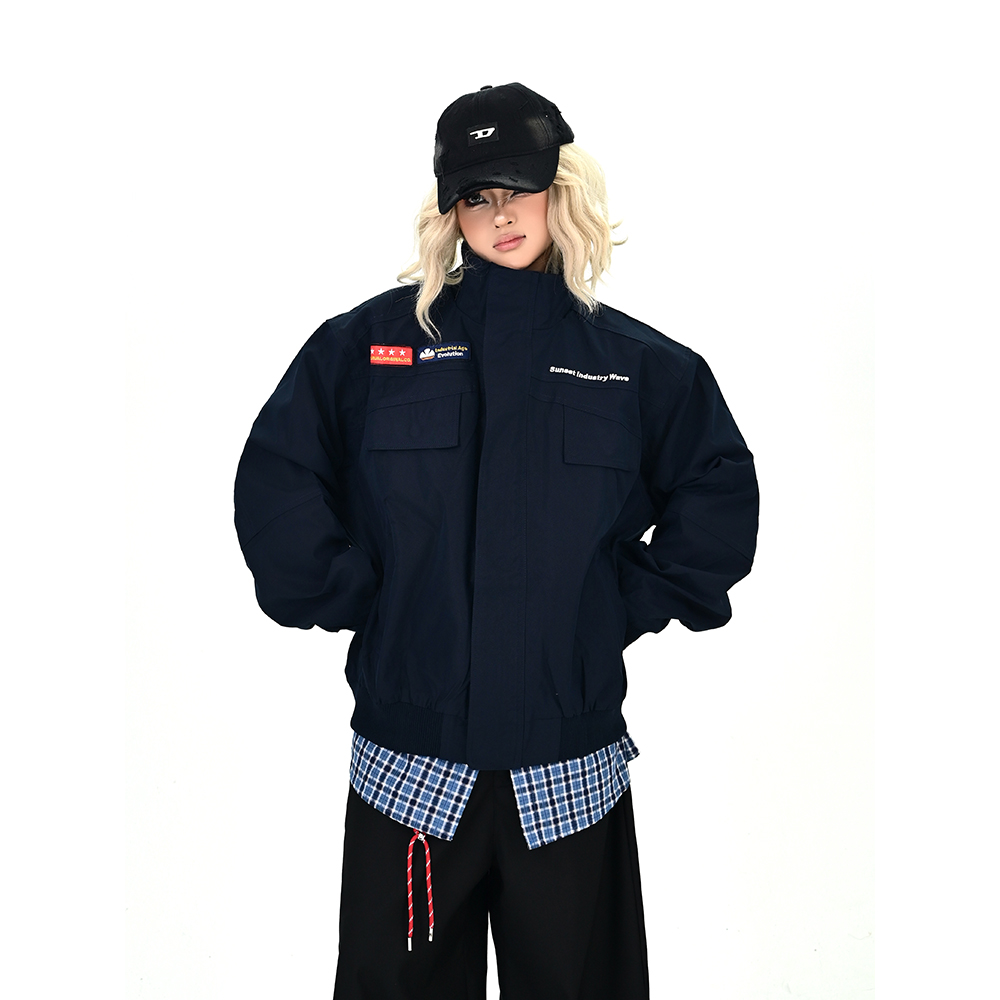 怕麻烦藏青色工装立领夹克女2025秋季新款宽松bf美式学院风外套潮