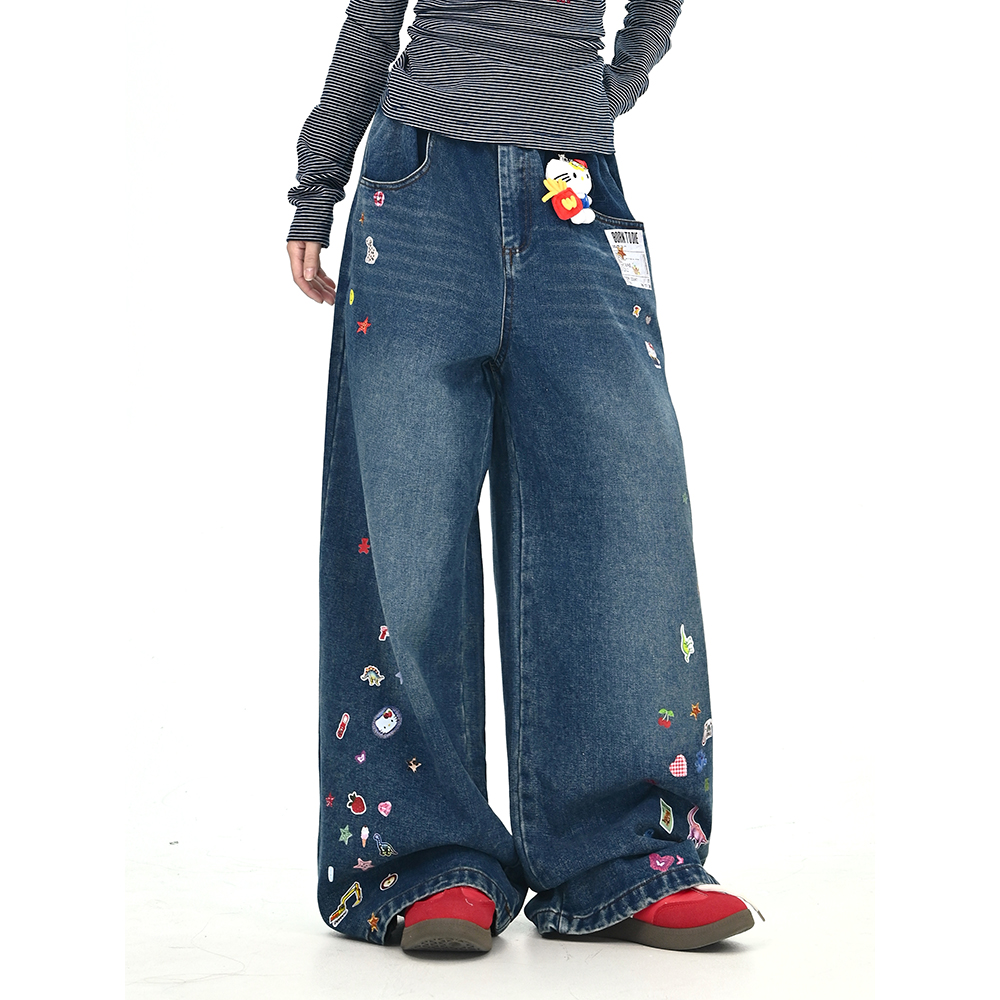怕麻烦卡通挂件贴纸印花牛仔裤女2025秋新款宽松bf韩系街头阔腿裤