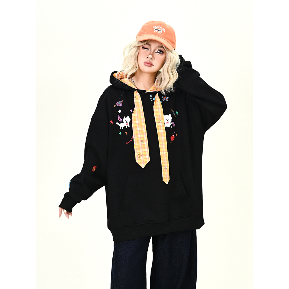 怕麻烦黑色涂鸦小猫绑带连帽卫衣女2025秋新款宽松bf韩系街头上衣