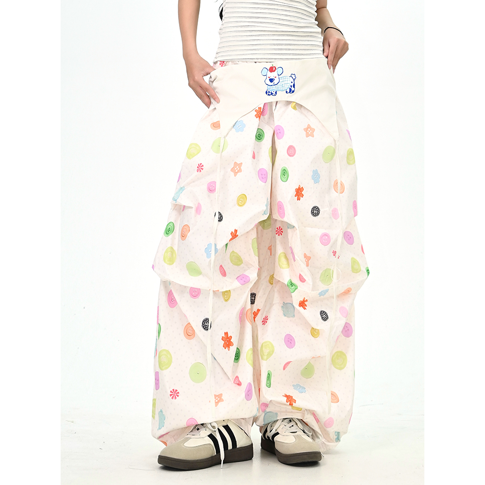 怕麻烦彩色纽扣印花屁帘休闲裤女2025秋新款宽松bf美式潮牌阔腿裤