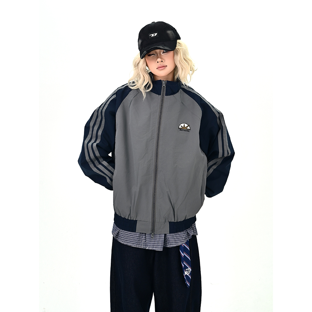 怕麻烦藏青色三条杠立领夹克女2025秋季新款宽松bf美式学院风外套