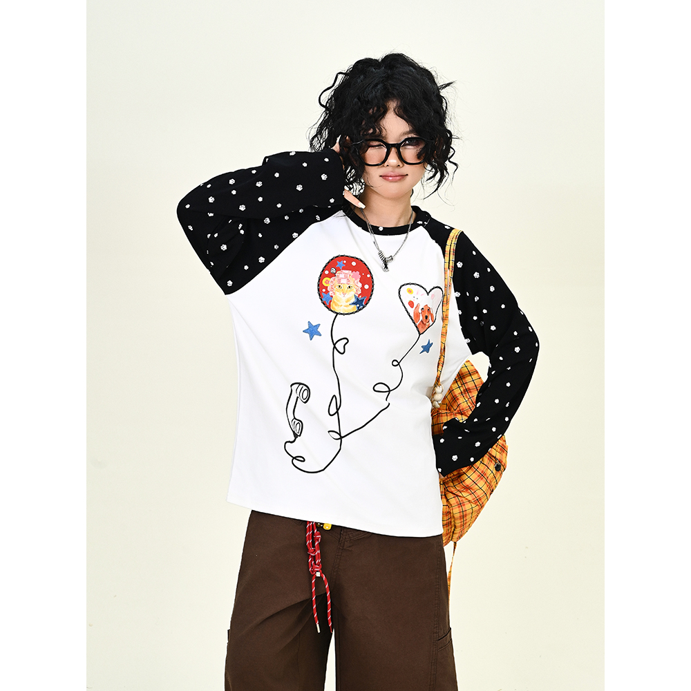 怕麻烦白色猫狗印花长袖T恤