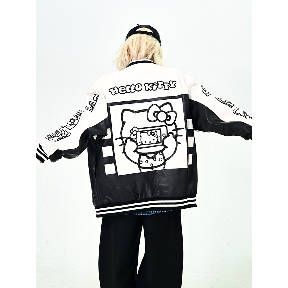 怕麻烦撞色卡通猫咪翻领夹克女2025秋季新款宽松bf美式学院风外套