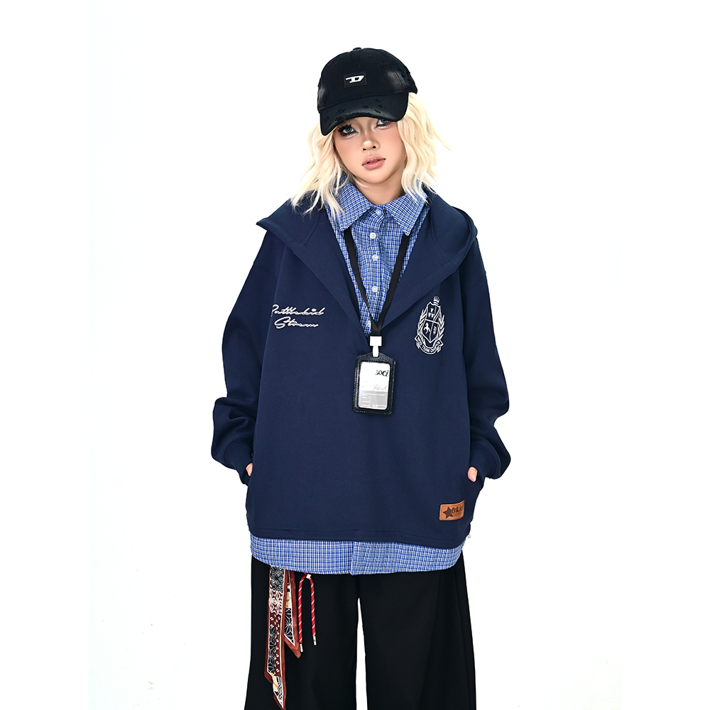 怕麻烦藏青色假两件徽章连帽卫衣女2025秋季新款宽松bf学院风上衣