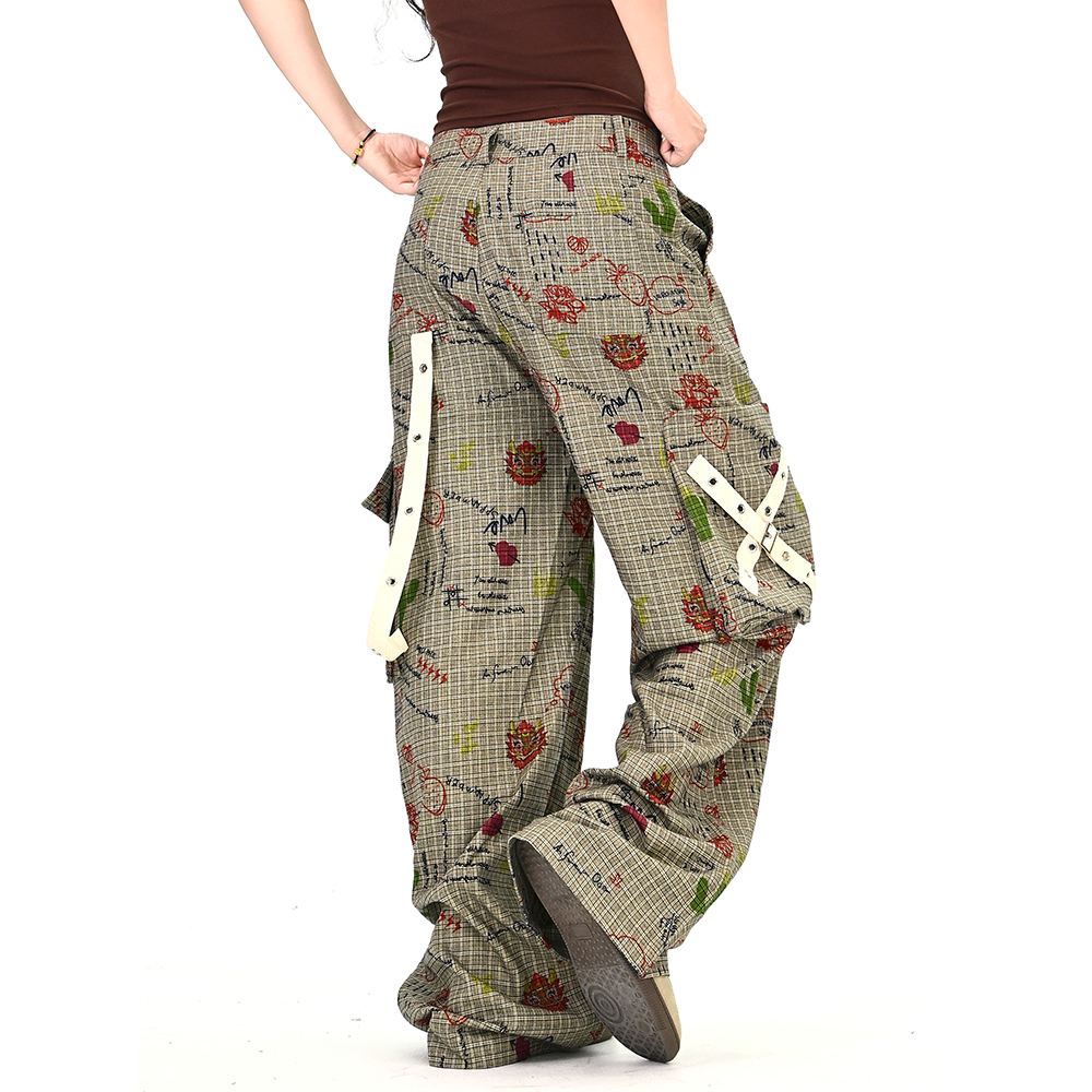 怕麻烦深灰色涂鸦卡通工装休闲裤