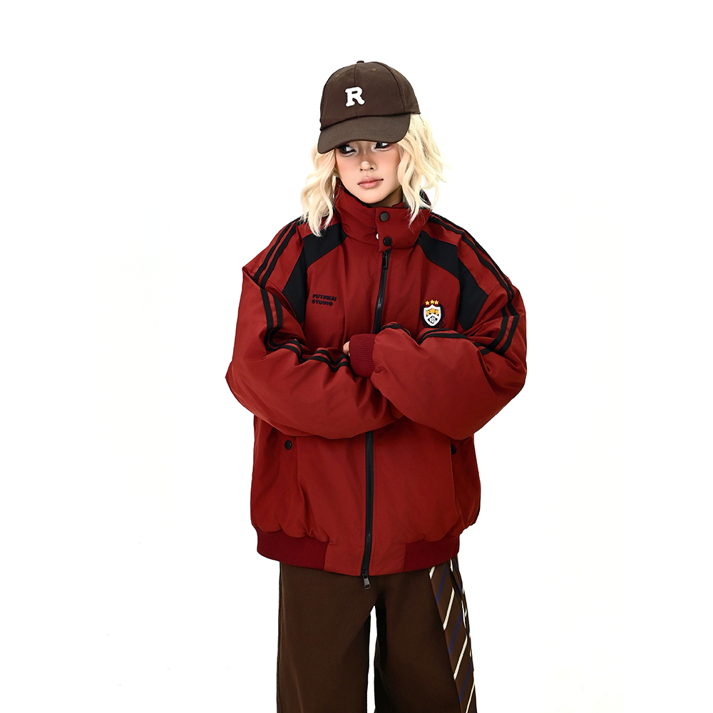 怕麻烦撞色立领棉服女2025冬季新款宽松bf美式复古情侣保暖外套潮