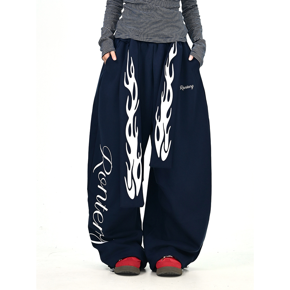 怕麻烦蓝色火焰绑带休闲裤女2025秋季新款宽松bf美式潮牌运动卫裤