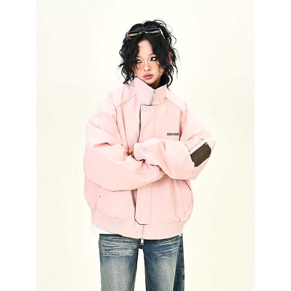 怕麻烦粉色口袋皮立领夹克