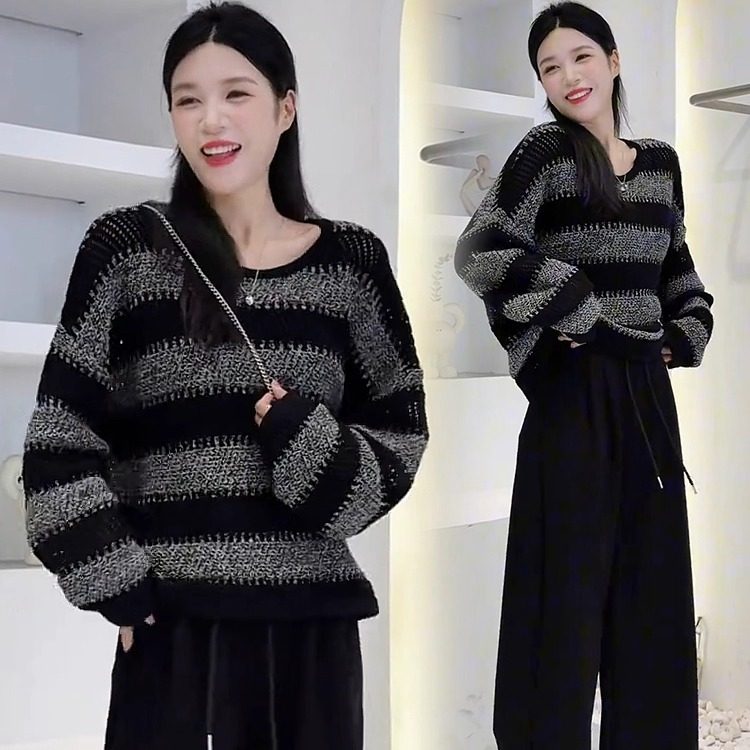 慵懒风拼色条纹毛衣女2025秋季
