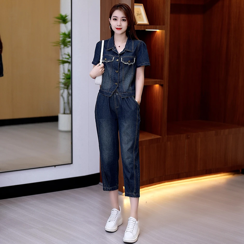 复古时尚牛仔七分裤套装女夏季薄款小个子减龄显瘦两件套2025新款