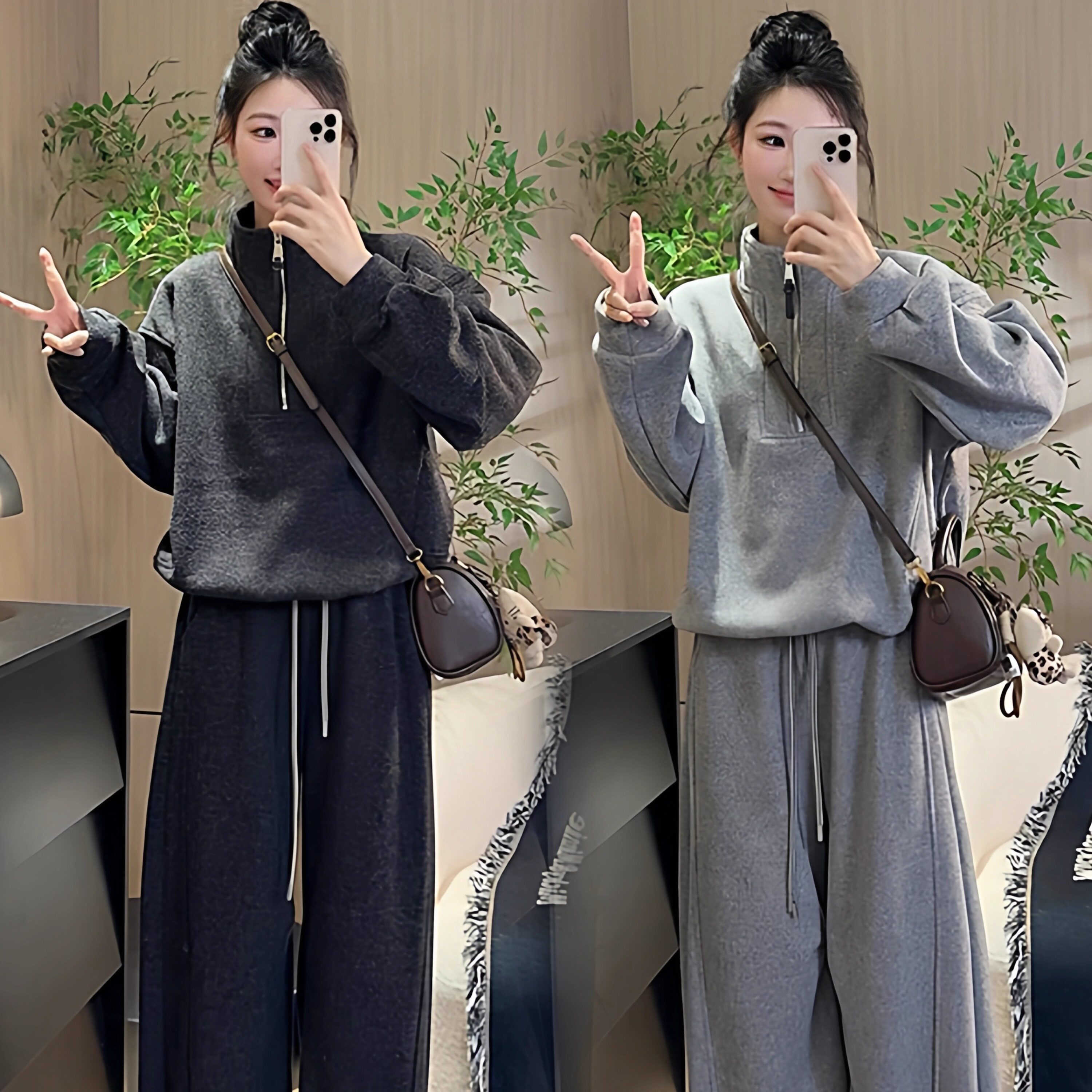 简约运动风加绒套装女2025冬新款立领卫衣保暖马甲抽绳卫裤三件套