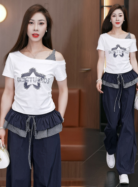 时尚休闲运动套装女2026夏新款洋气减龄显瘦露肩短袖阔腿裤两件套