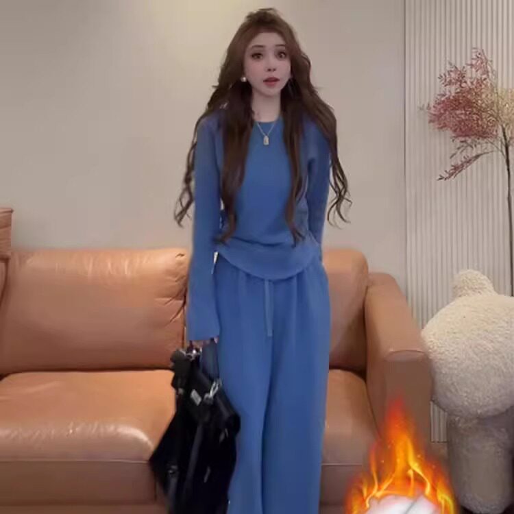 加绒加厚休闲运动套装女冬季韩系慵懒风卫衣保暖宽松阔腿裤两件套