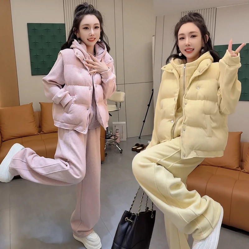 加绒加厚套装女2025秋冬款洋气减龄百搭棉衣马甲连帽卫衣三件套潮