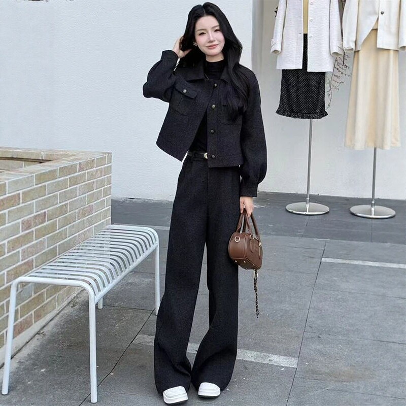 早春加厚毛呢短外套阔腿裤套装女