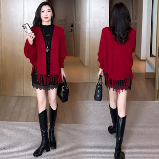 时尚套装裙女春季新款洋气显瘦烫钻流苏针织开衫半身裙时髦两件套