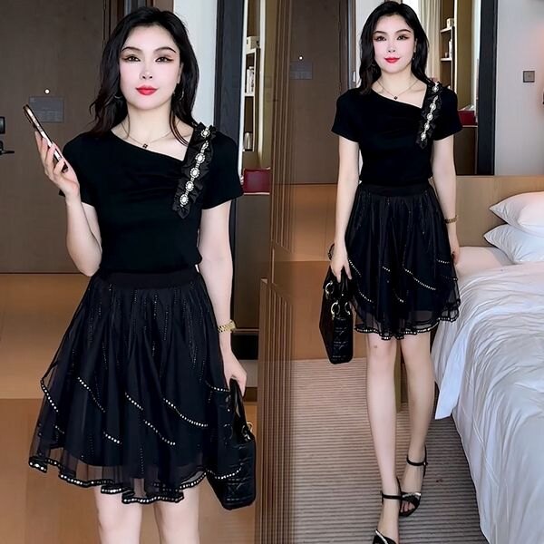 夏季显瘦网纱裙T恤两件套女