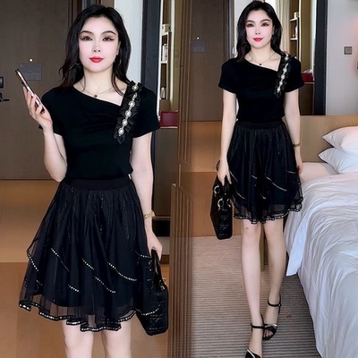 夏季显瘦网纱裙T恤两件套女
