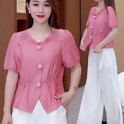 短袖雪纺衫镂空收腰显瘦小衫
