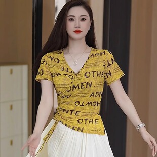 女夏季 上衣宽松减龄女士 字母印花t恤显瘦百搭Q2025年圆领套头短袖