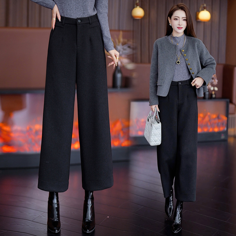 高腰呢子加厚九分阔腿裤女冬款