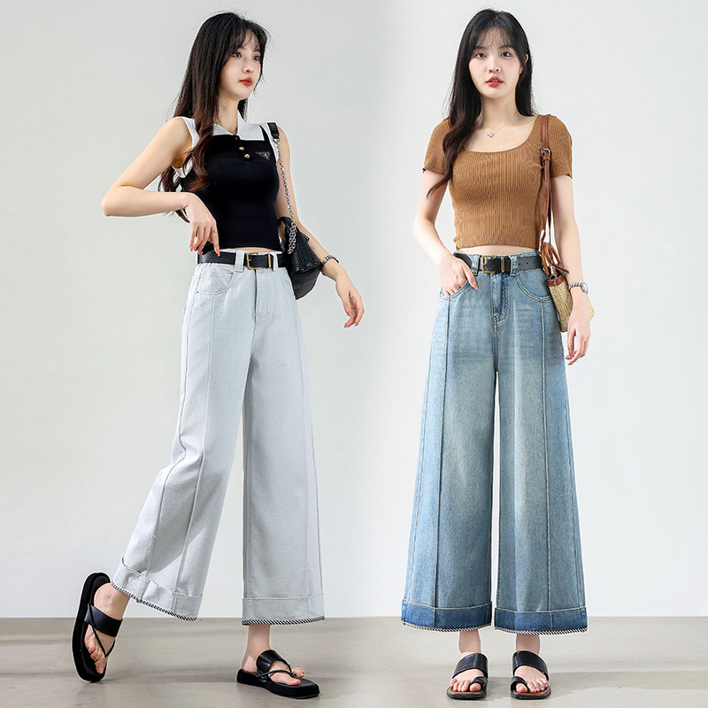 复古蓝阔腿牛仔裤女夏2025新款高腰宽松直筒裤梨型身材休闲九分裤