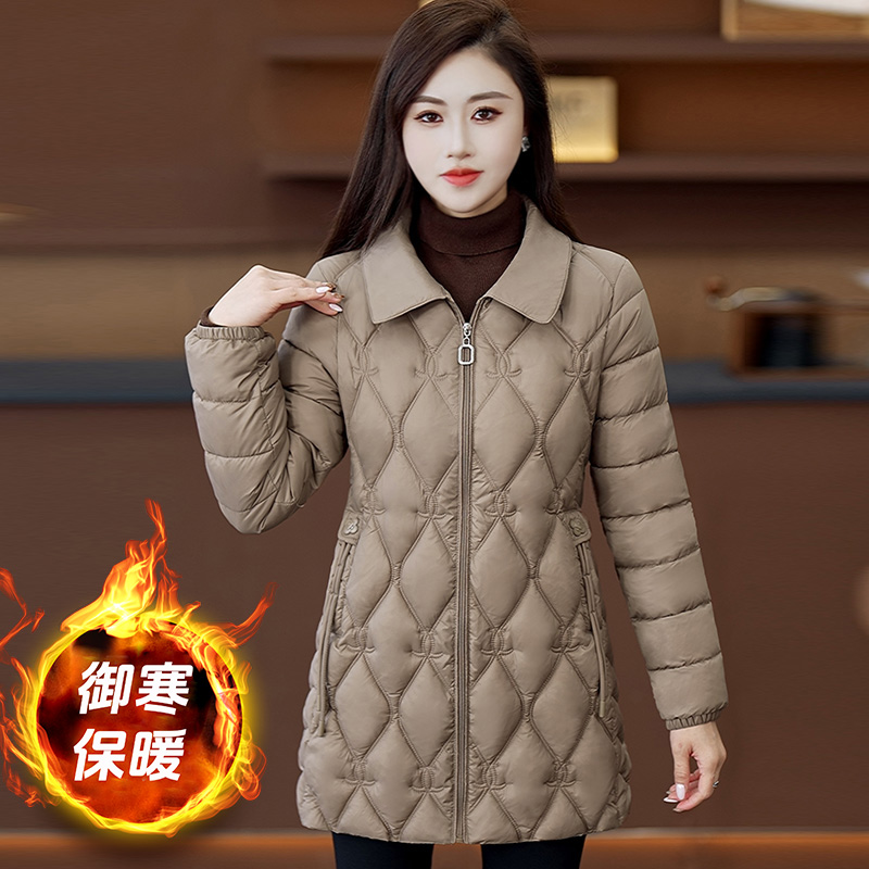 时尚菱形格中长款棉服女冬季新款