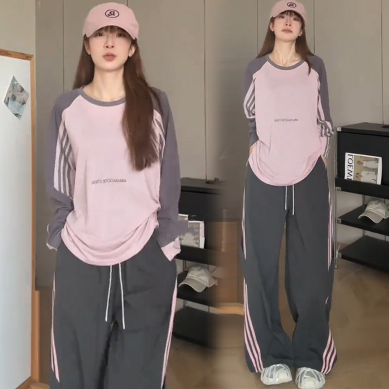 早秋休闲运动防晒女侧条纹阔腿裤