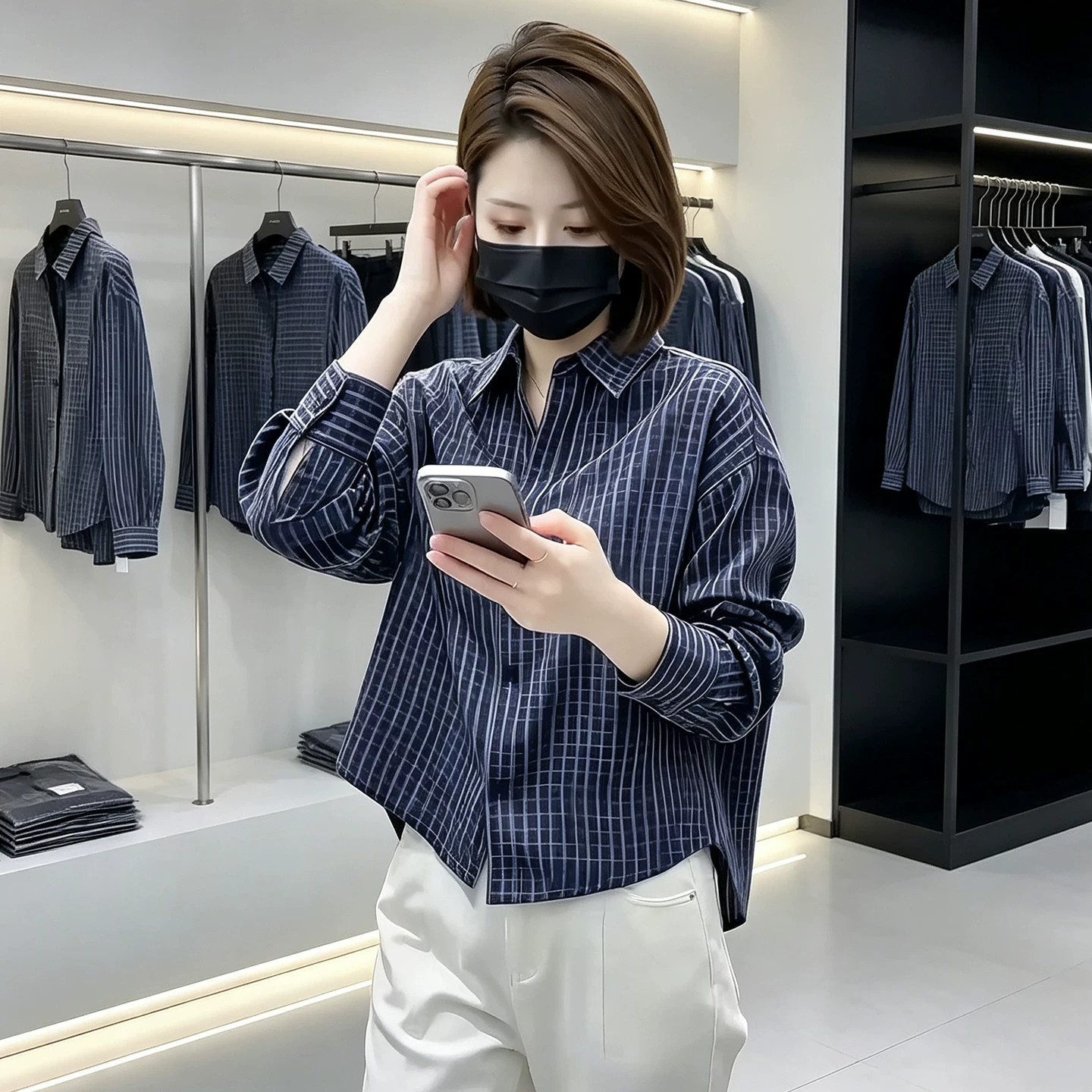 秋季新款蓝格长袖宽松显瘦衬衫女