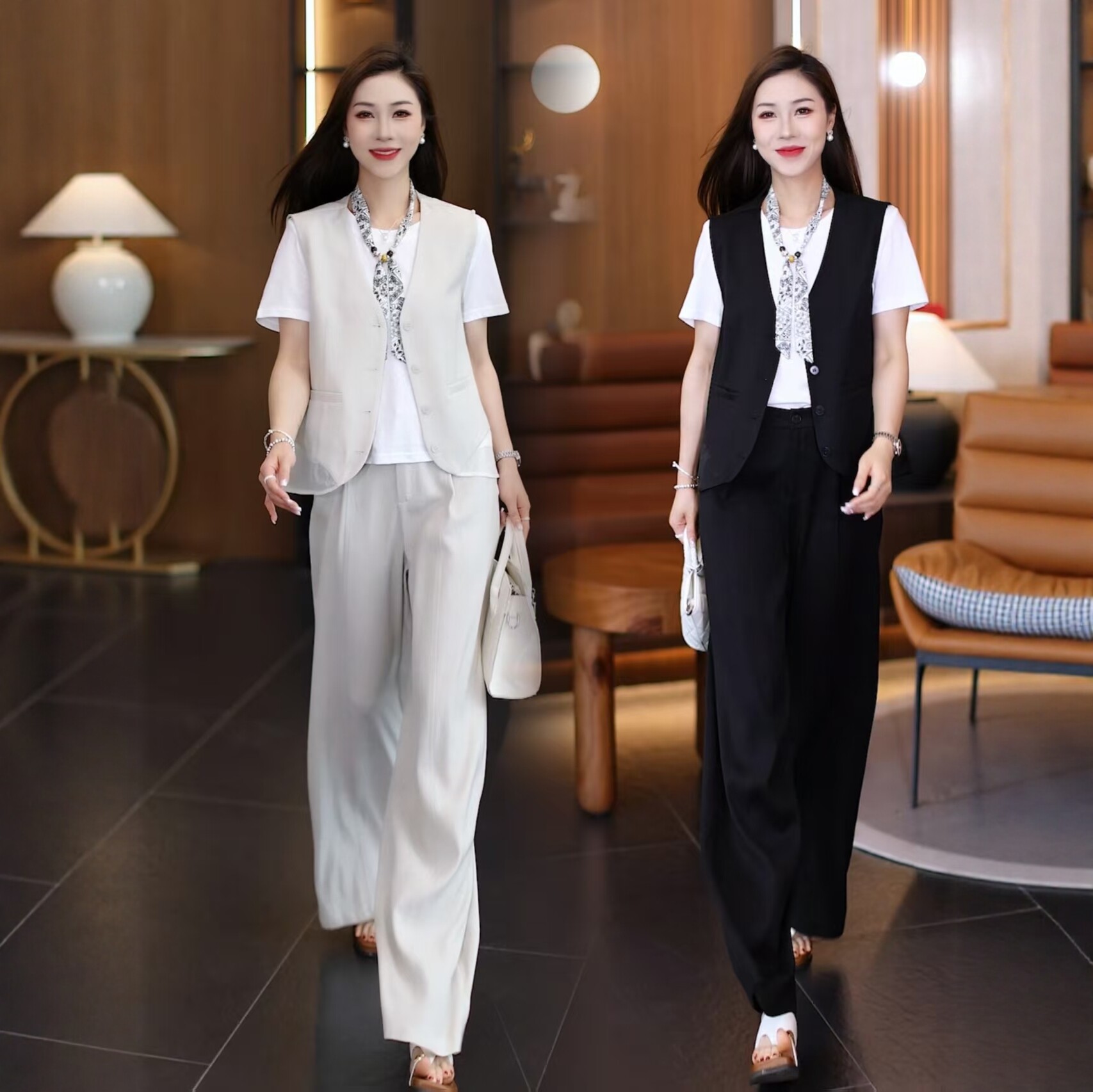 夏季亚麻女短袖马甲长裤三件套