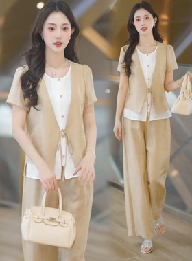 时尚套装女2026夏季新款洋气显瘦设计感假两件上衣阔腿裤两件套潮