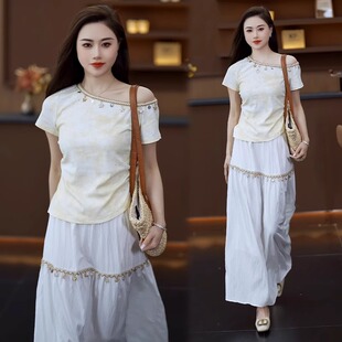 时尚套装女2025夏季新款时髦洋气民族风收腰上衣气质半身裙两件套