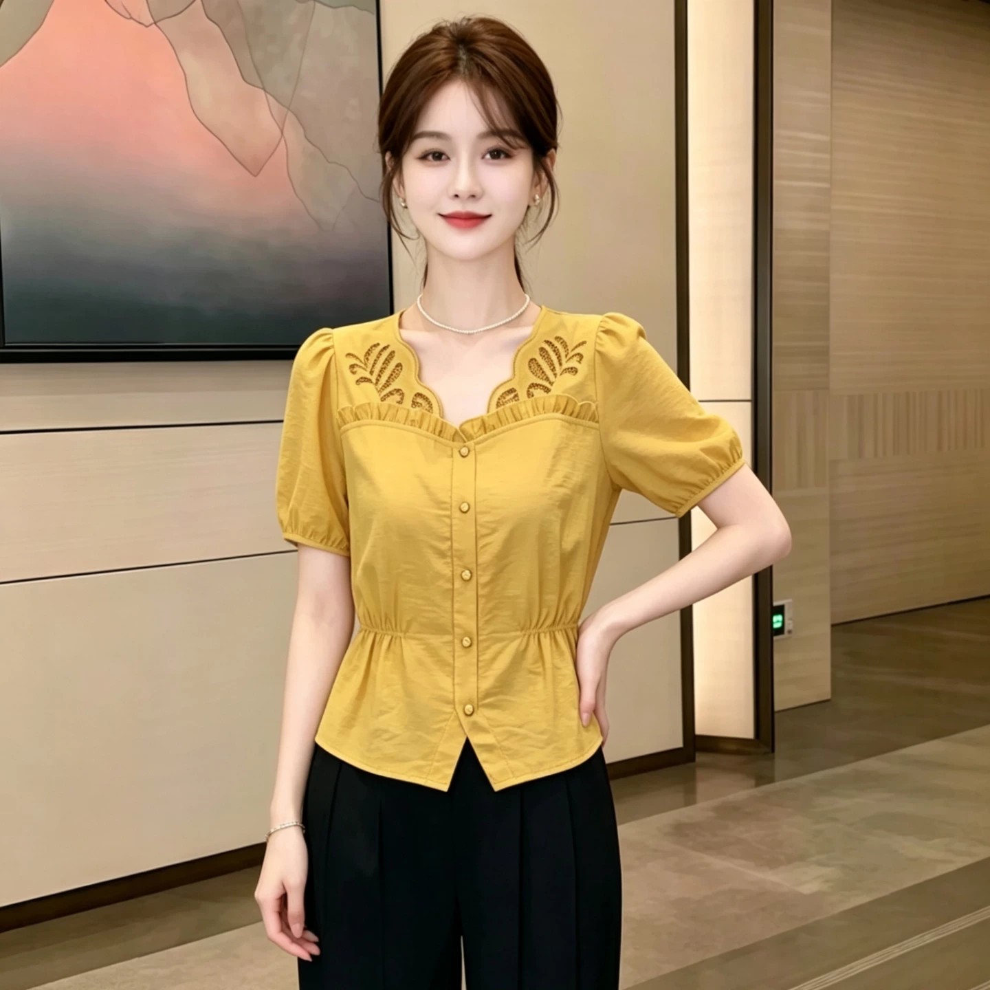 夏季休闲V领短袖衬衫女显瘦