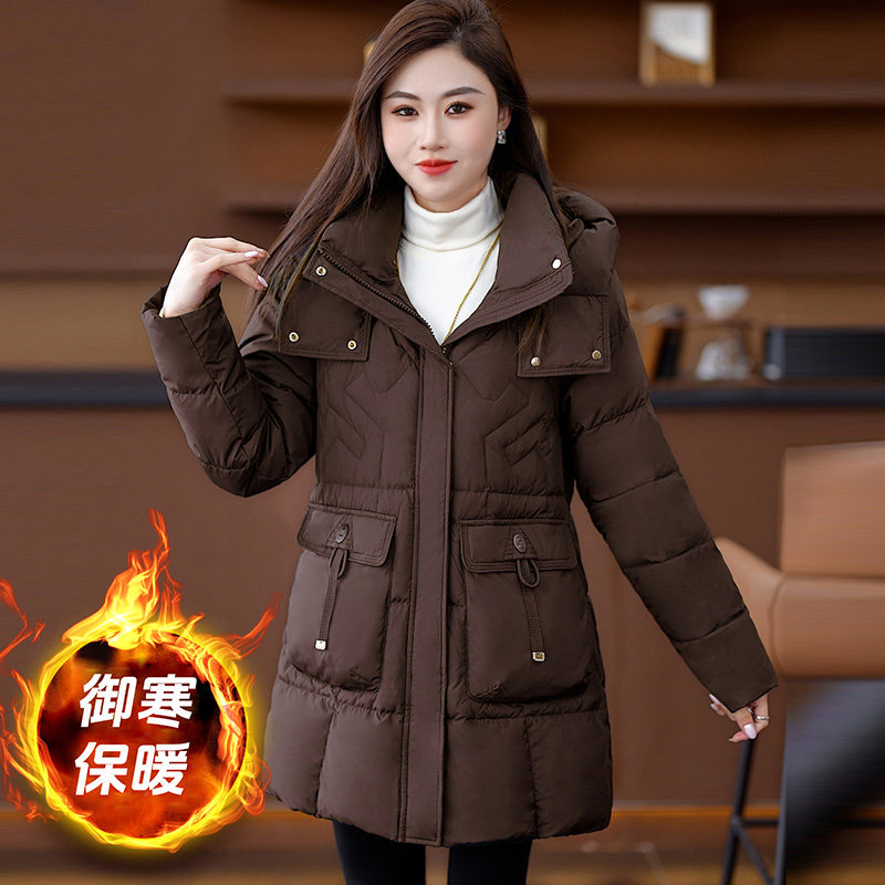 连帽中长款棉服女2025冬季新款