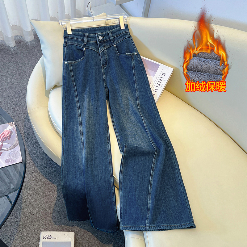 加绒高腰阔腿牛仔裤女2025冬季