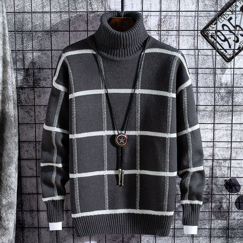 Autumn and winter Plaid high collar sweater men's loose Korean fashion personalized Pullover Sweater Jacket