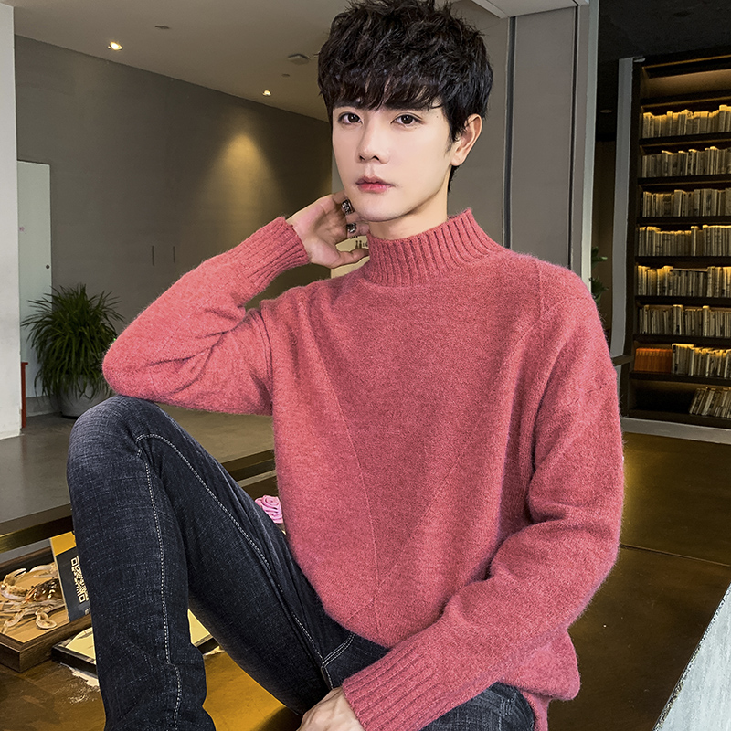 Autumn winter sweater men's Korean half high collar trendy T-shirt student casual solid color round neck bottoming shirt