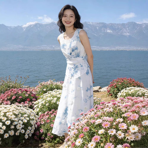 夏季新款法式气质无袖交叉系带扎染连衣裙长裙沙滩裙扎染连衣裙