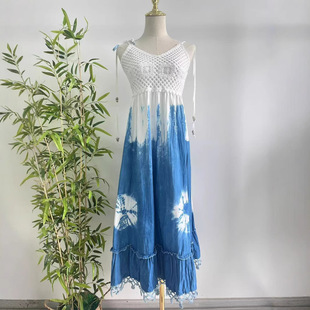 云南大理民族风文艺针织肩带系带扎染裙子镂空蓝白流苏连衣裙