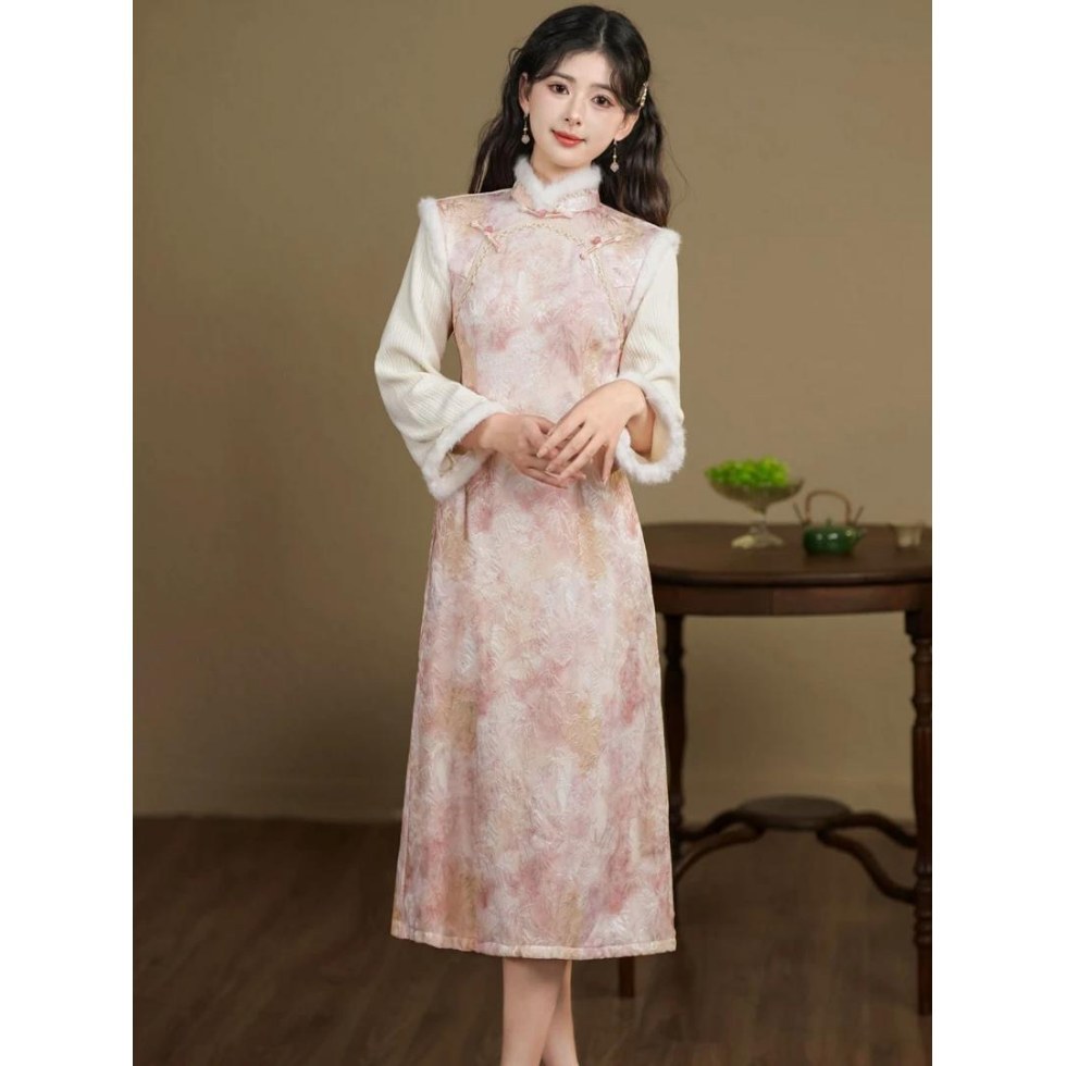 2025冬季新款旗袍[喧舟]气质加绒加厚国风粉色改良显瘦连衣裙修身