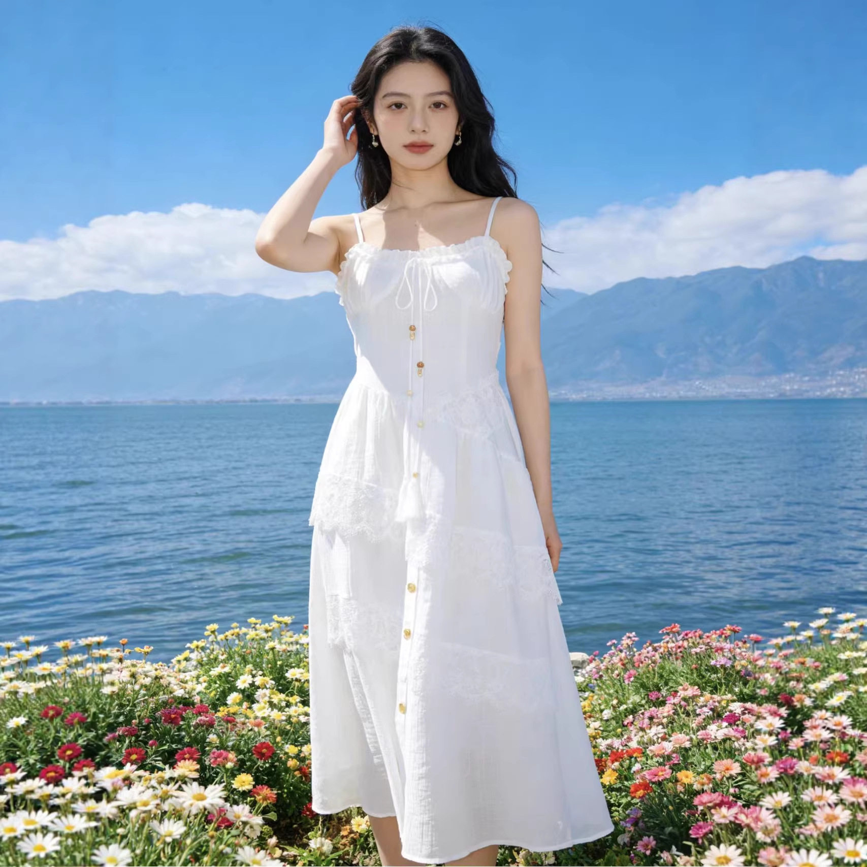 2026新款扎染白胚吊带连衣裙文艺小清新中长裙白色裙子可扎染裙子图片