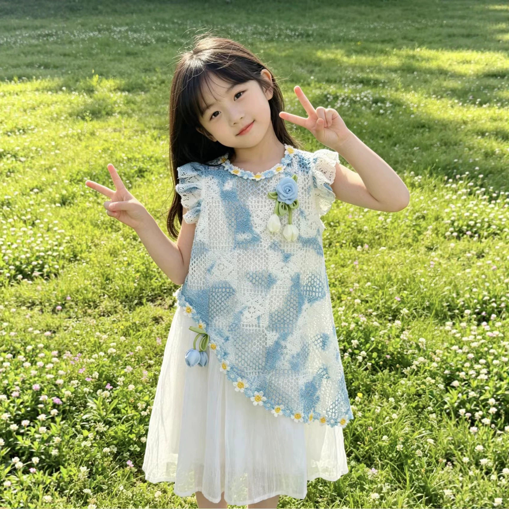 2026新款蓝白扎染女童连衣裙夏季小清新蕾主裙中小童洋气连衣裙